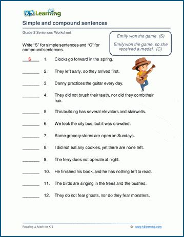 simple and compound sentence worksheet for grade 6